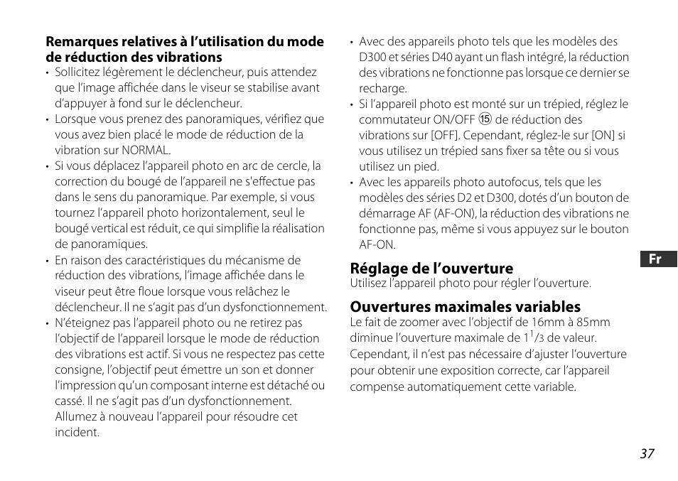 Réglage de l’ouverture, Ouvertures maximales variables | Nikon 16-85mm-f-35-56G-ED-AF-S-VR-DX-Zoom User Manual | Page 37 / 128