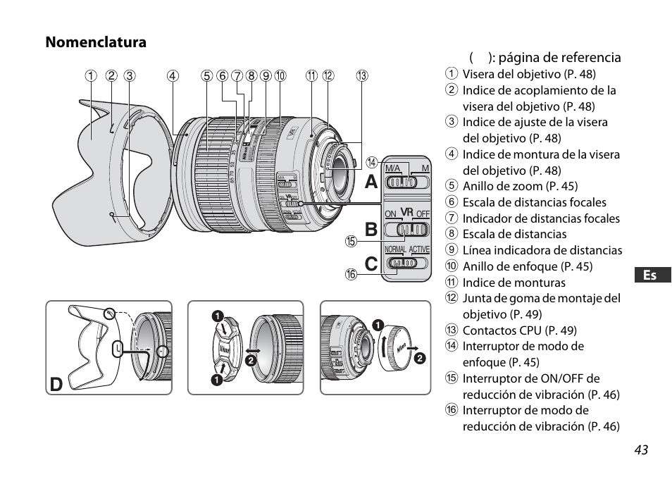 Nomenclatura, Da c b | Nikon 16-85mm-f-35-56G-ED-AF-S-VR-DX-Zoom User Manual | Page 43 / 128