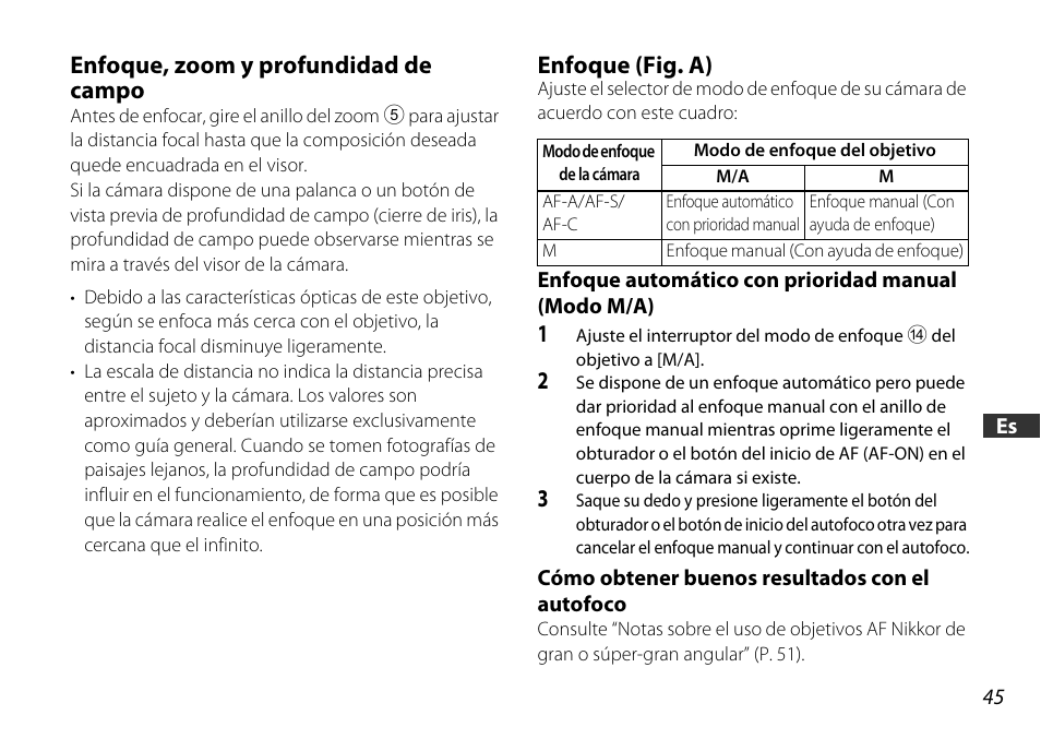 Enfoque, zoom y profundidad de campo, Enfoque (fig. a), Enfoque automático con prioridad manual (modo m/a) | Cómo obtener buenos resultados con el autofoco, Om (p. 45), P. 45) | Nikon 16-85mm-f-35-56G-ED-AF-S-VR-DX-Zoom User Manual | Page 45 / 128