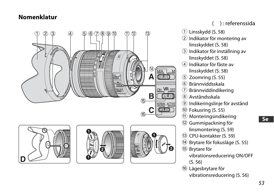 Nomenklatur, Da c b | Nikon 16-85mm-f-35-56G-ED-AF-S-VR-DX-Zoom User Manual | Page 53 / 128