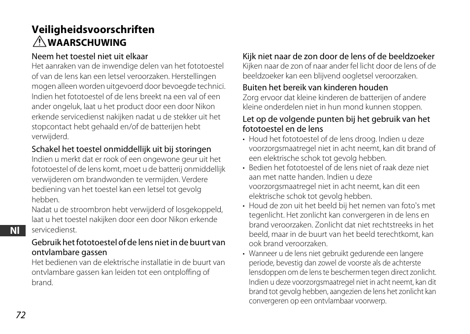 Veiligheidsvoorschriften, Waarschuwing | Nikon 16-85mm-f-35-56G-ED-AF-S-VR-DX-Zoom User Manual | Page 72 / 128