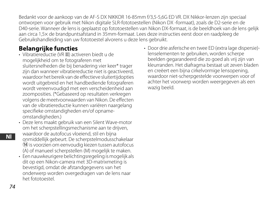 Belangrijke functies | Nikon 16-85mm-f-35-56G-ED-AF-S-VR-DX-Zoom User Manual | Page 74 / 128