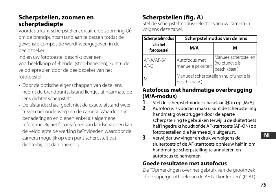 Scherpstellen, zoomen en scherptediepte, Scherpstellen (fig. a), Autofocus met handmatige overbrugging (m/a-modus) | Goede resultaten met autofocus, P. 75, Stelring (p. 75), P. 75) | Nikon 16-85mm-f-35-56G-ED-AF-S-VR-DX-Zoom User Manual | Page 75 / 128