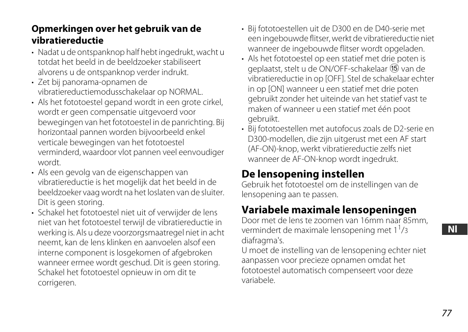 De lensopening instellen, Variabele maximale lensopeningen | Nikon 16-85mm-f-35-56G-ED-AF-S-VR-DX-Zoom User Manual | Page 77 / 128