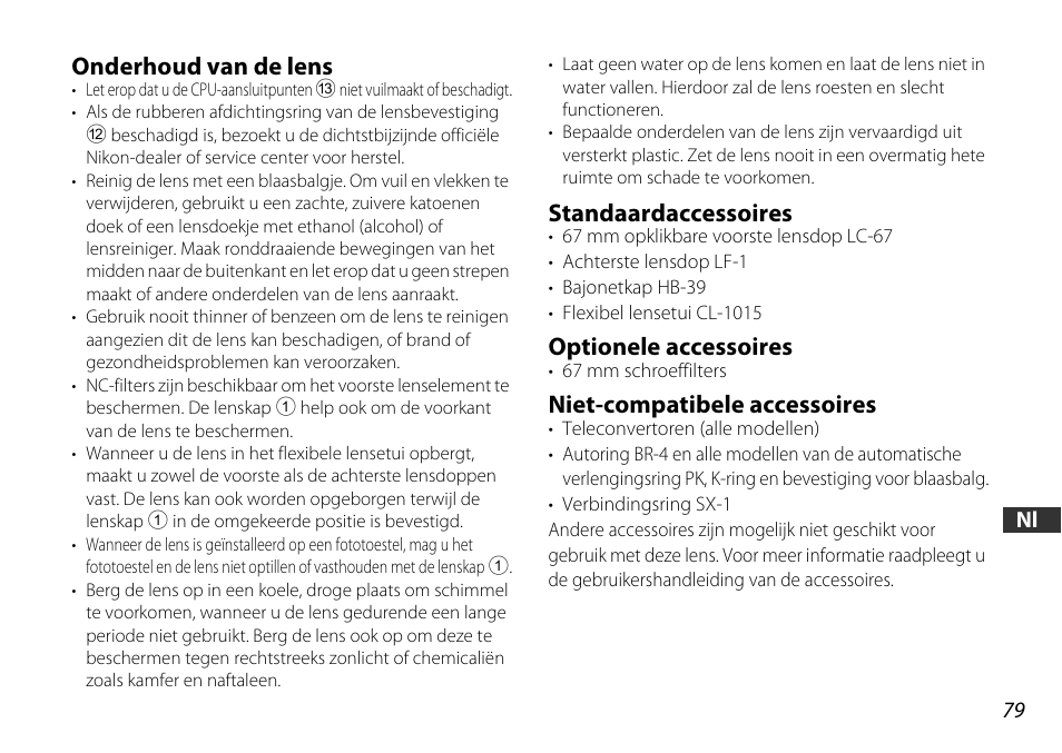 Onderhoud van de lens, Standaardaccessoires, Optionele accessoires | Niet-compatibele accessoires, P. 79) | Nikon 16-85mm-f-35-56G-ED-AF-S-VR-DX-Zoom User Manual | Page 79 / 128