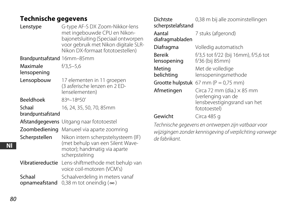 Technische gegevens | Nikon 16-85mm-f-35-56G-ED-AF-S-VR-DX-Zoom User Manual | Page 80 / 128
