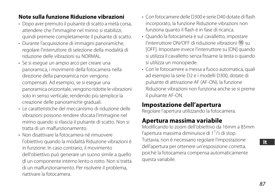 Note sulla funzione riduzione vibrazioni, Impostazione dell’apertura, Apertura massima variabile | Nikon 16-85mm-f-35-56G-ED-AF-S-VR-DX-Zoom User Manual | Page 87 / 128