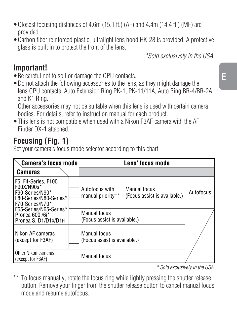Important, Focusing (fig. 1) | Nikon 500mm-f-4-IF-ED-II-AF-S-Nikkor User Manual | Page 13 / 54