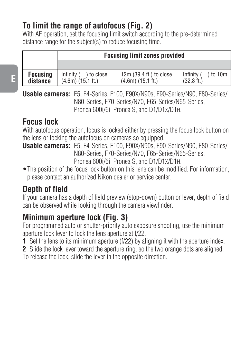 Focus lock, Depth of field, Minimum aperture lock (fig. 3) | Nikon 500mm-f-4-IF-ED-II-AF-S-Nikkor User Manual | Page 14 / 54