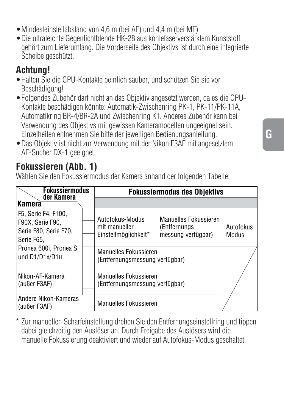 Achtung, Fokussieren (abb. 1) | Nikon 500mm-f-4-IF-ED-II-AF-S-Nikkor User Manual | Page 19 / 54