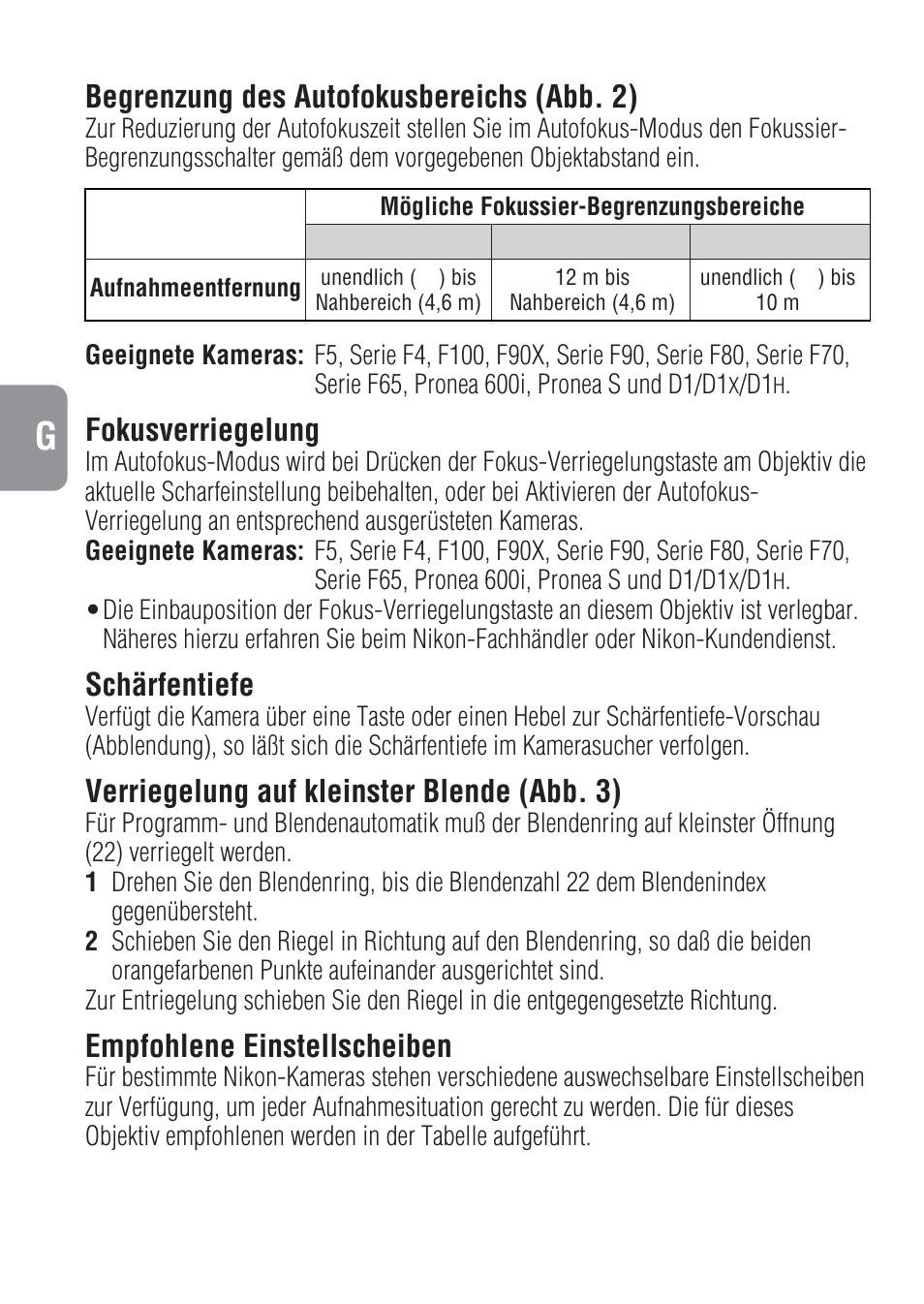 Begrenzung des autofokusbereichs (abb. 2), Fokusverriegelung, Schärfentiefe | Verriegelung auf kleinster blende (abb. 3), Empfohlene einstellscheiben | Nikon 500mm-f-4-IF-ED-II-AF-S-Nikkor User Manual | Page 20 / 54