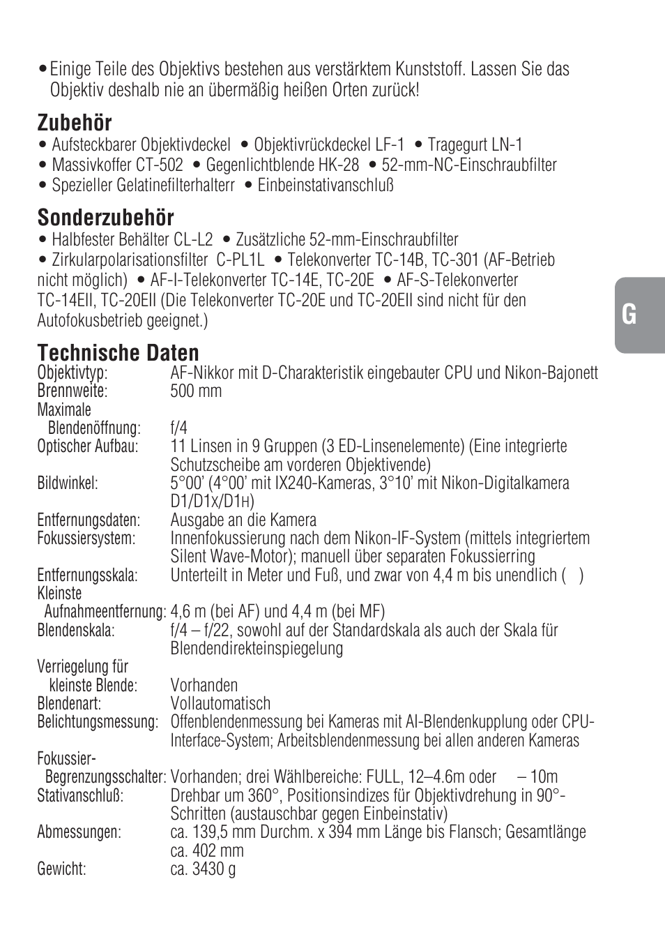 Zubehör, Sonderzubehör, Technische daten | Nikon 500mm-f-4-IF-ED-II-AF-S-Nikkor User Manual | Page 23 / 54