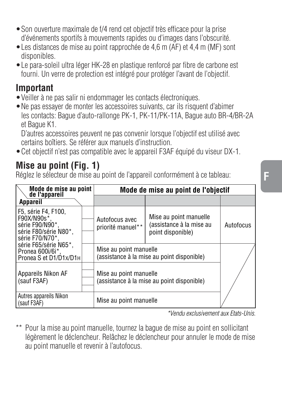 Important, Mise au point (fig. 1) | Nikon 500mm-f-4-IF-ED-II-AF-S-Nikkor User Manual | Page 25 / 54