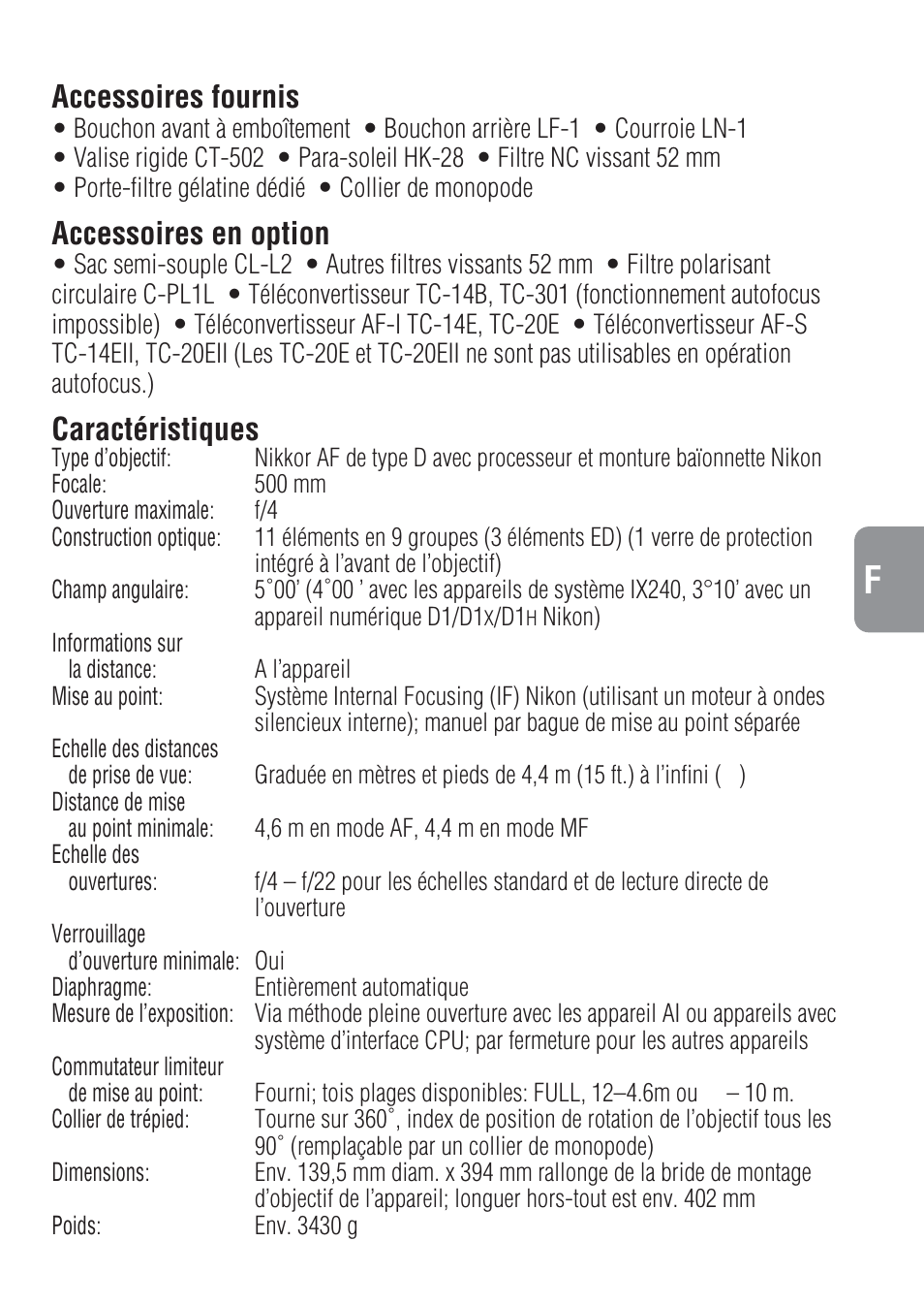 Accessoires fournis, Accessoires en option, Caractéristiques | Nikon 500mm-f-4-IF-ED-II-AF-S-Nikkor User Manual | Page 29 / 54