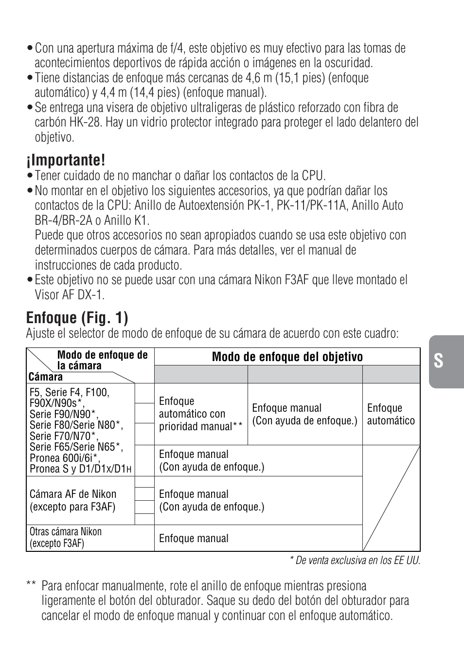 Importante, Enfoque (fig. 1) | Nikon 500mm-f-4-IF-ED-II-AF-S-Nikkor User Manual | Page 31 / 54