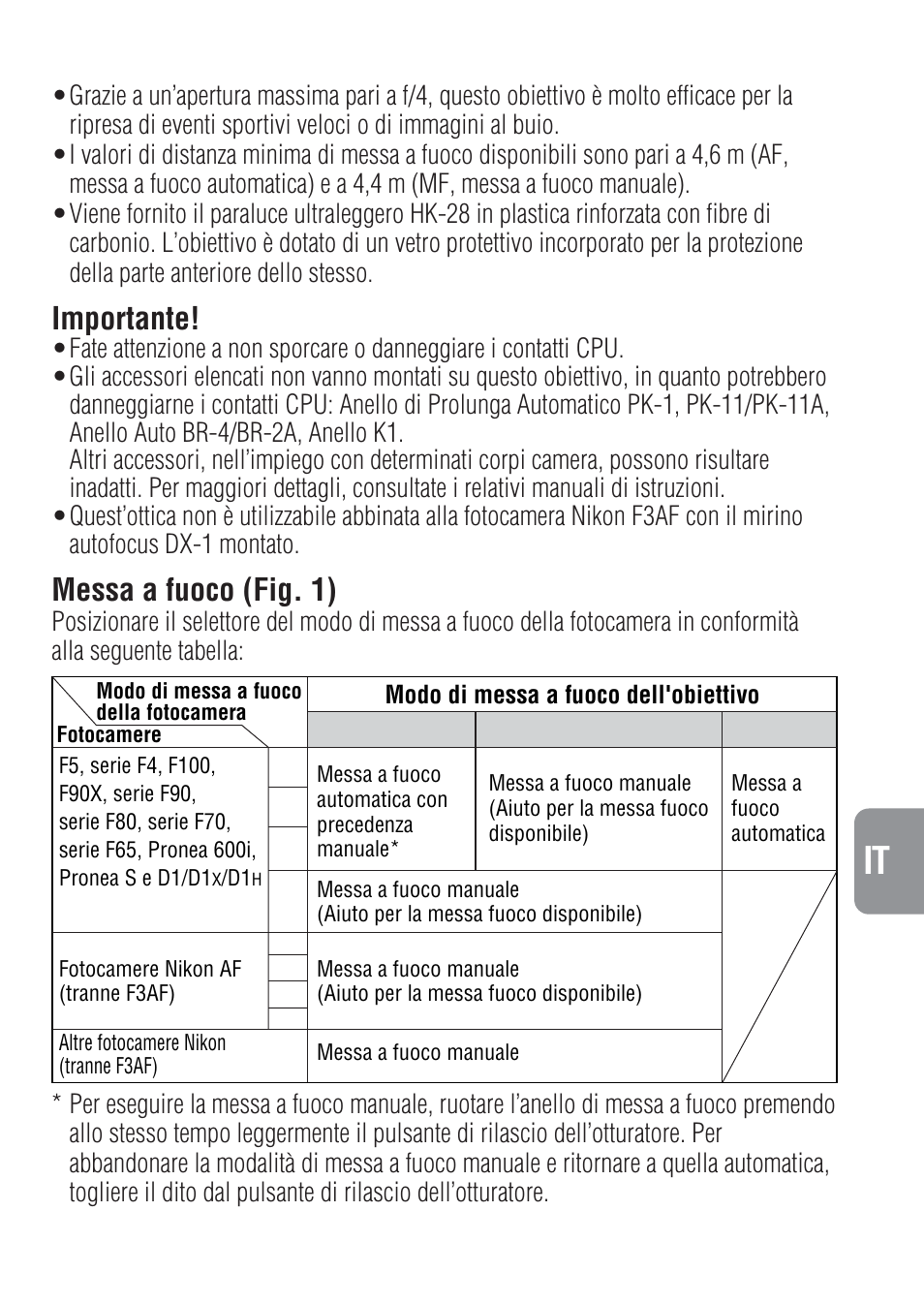 Importante, Messa a fuoco (fig. 1) | Nikon 500mm-f-4-IF-ED-II-AF-S-Nikkor User Manual | Page 37 / 54