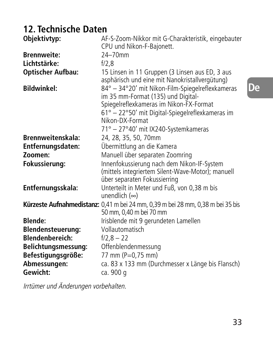 Technische daten | Nikon 24-70mm-f-28G-ED-AF-S-Nikkor User Manual | Page 33 / 122