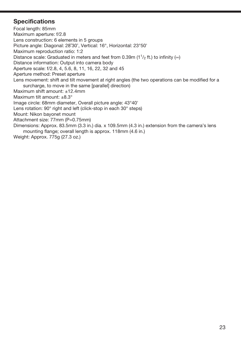 Specifications | Nikon 85mm-f-28D-PC-Micro-Nikkor User Manual | Page 19 / 70