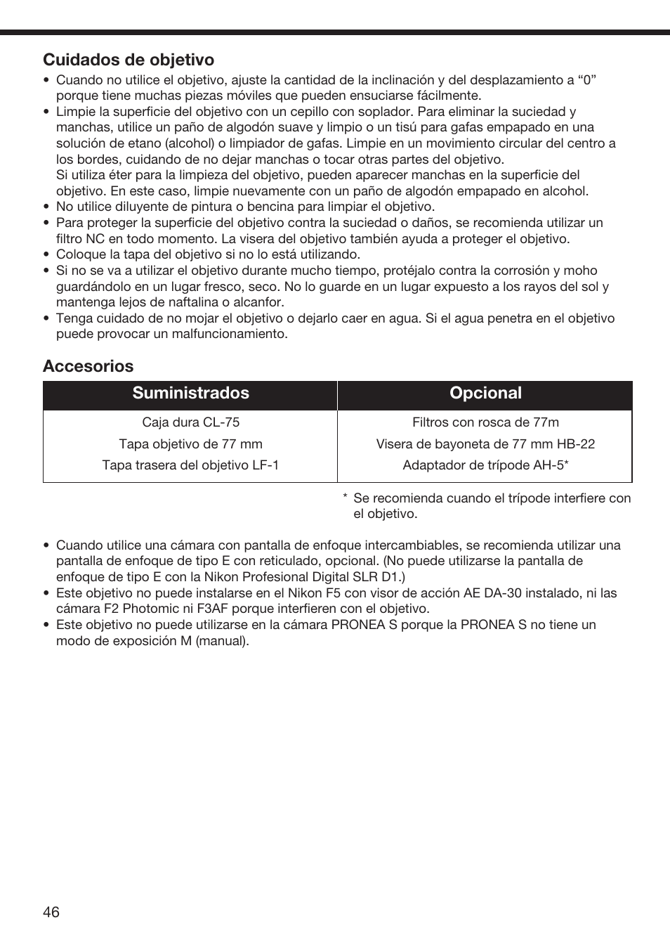 Cuidados de objetivo, Accesorios suministrados opcional | Nikon 85mm-f-28D-PC-Micro-Nikkor User Manual | Page 42 / 70