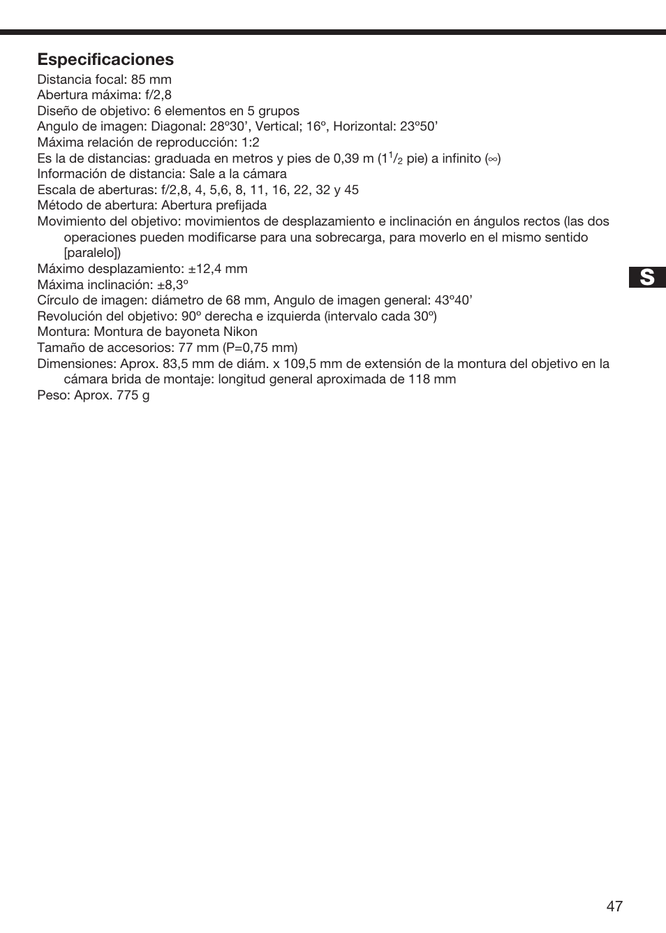 Especificaciones | Nikon 85mm-f-28D-PC-Micro-Nikkor User Manual | Page 43 / 70
