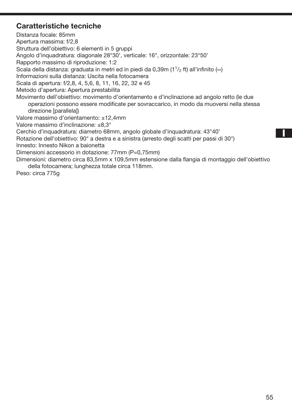 Caratteristiche tecniche | Nikon 85mm-f-28D-PC-Micro-Nikkor User Manual | Page 51 / 70