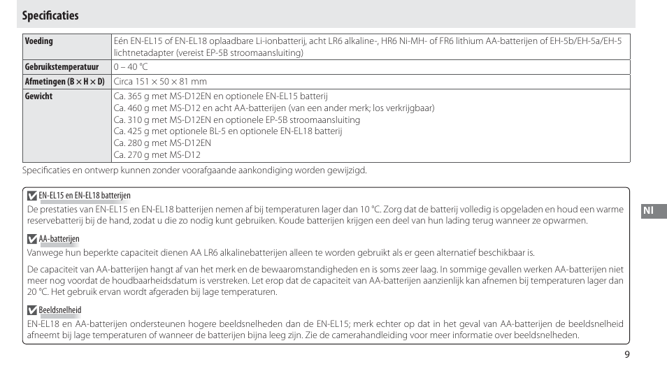 Specificaties, Speciﬁ caties | Nikon MB-D12 User Manual | Page 103 / 244
