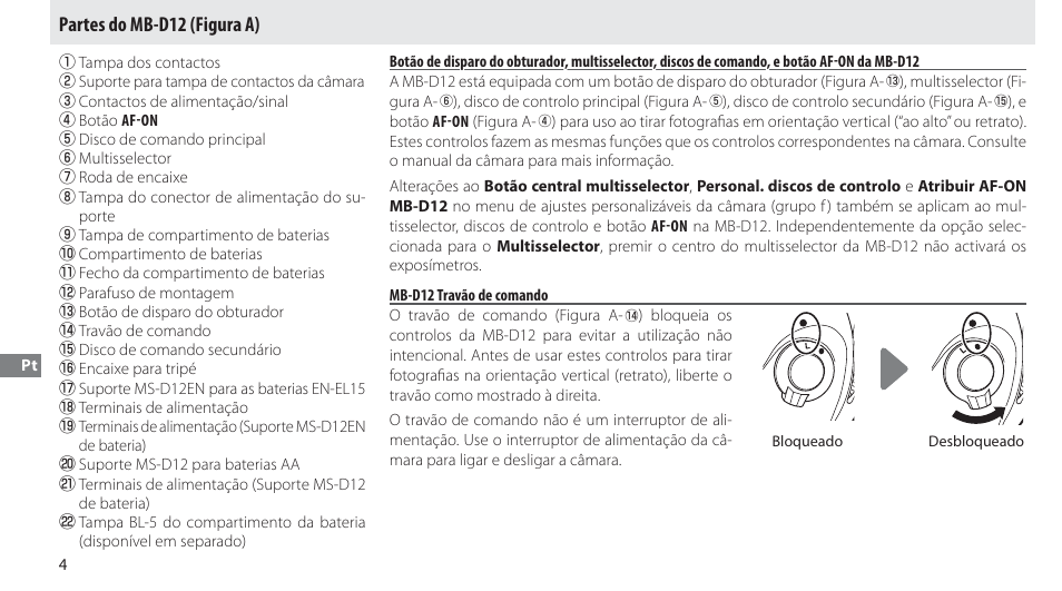 Partes do mb-d12, Mb-d12 travão de comando, Partes do mb-d12 (figura a) | Nikon MB-D12 User Manual | Page 108 / 244