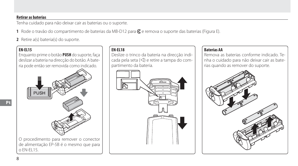 Retirar as baterias | Nikon MB-D12 User Manual | Page 112 / 244