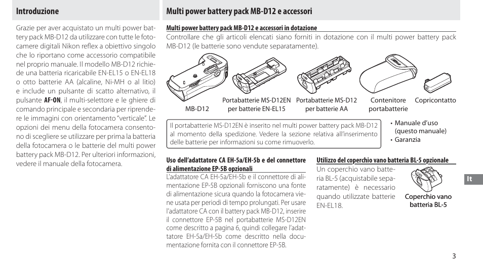 Introduzione, Multi power battery pack mb-d12 e accessori | Nikon MB-D12 User Manual | Page 117 / 244