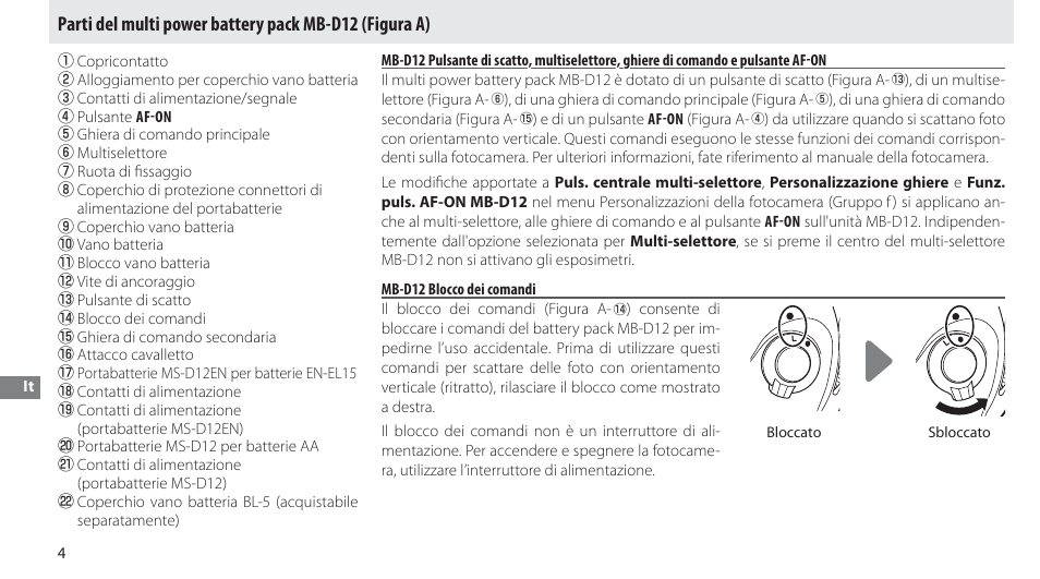 Parti del multi power battery pack mb-d12, Mb-d12 blocco dei comandi | Nikon MB-D12 User Manual | Page 118 / 244
