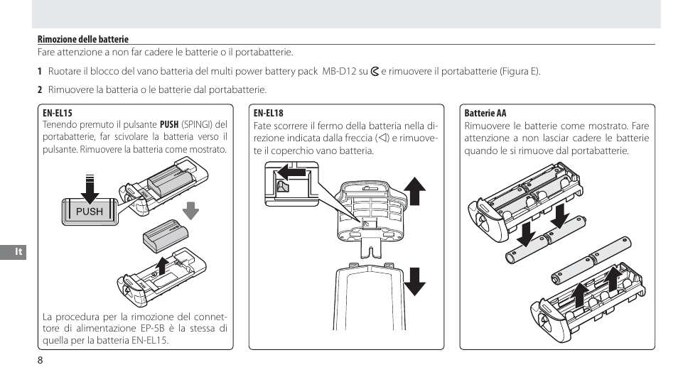 Rimozione delle batterie | Nikon MB-D12 User Manual | Page 122 / 244