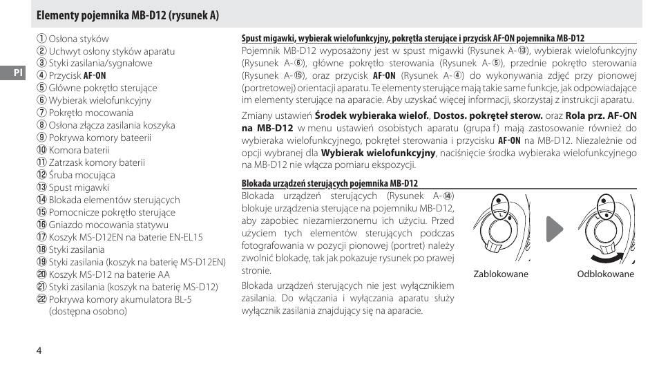 Elementy pojemnika mb-d12, Blokada urządzeń sterujących pojemnika mb-d12, Elementy pojemnika mb-d12 (rysunek a) | Nikon MB-D12 User Manual | Page 138 / 244