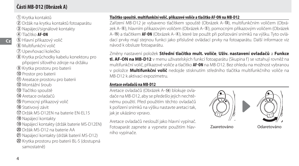 Části mb-d12, Aretace ovladačů na mb-d12, Části mb-d12 (obrázek a) | Nikon MB-D12 User Manual | Page 148 / 244