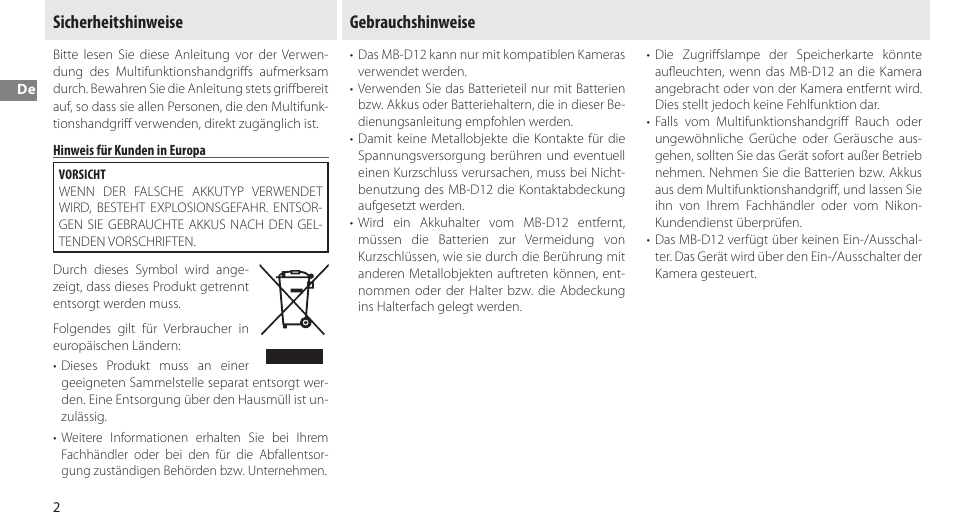 Sicherheitshinweise, Hinweis für kunden in europa, Gebrauchshinweise | Nikon MB-D12 User Manual | Page 16 / 244