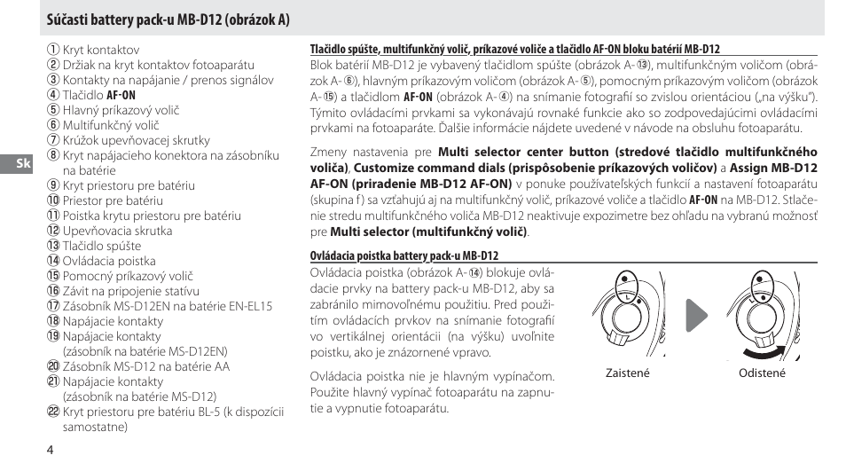 Súčasti battery pack-u mb-d12, Ovládacia poistka battery pack-u mb-d12, Súčasti battery pack-u mb-d12 (obrázok a) | Nikon MB-D12 User Manual | Page 168 / 244