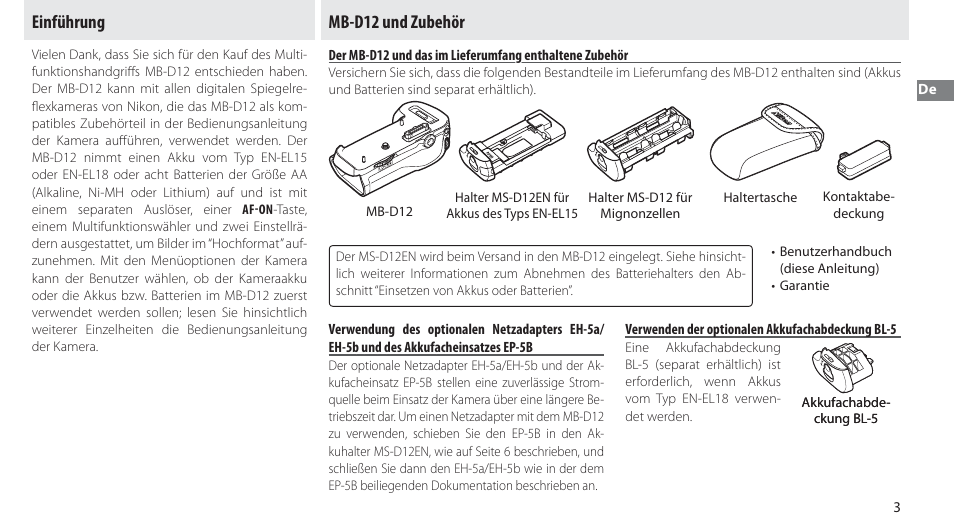 Einführung, Mb-d12 und zubehör, Verwenden der optionalen akkufachabdeckung bl-5 | Einführung mb-d12 und zubehör | Nikon MB-D12 User Manual | Page 17 / 244