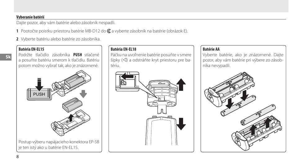 Vyberanie batérií | Nikon MB-D12 User Manual | Page 172 / 244