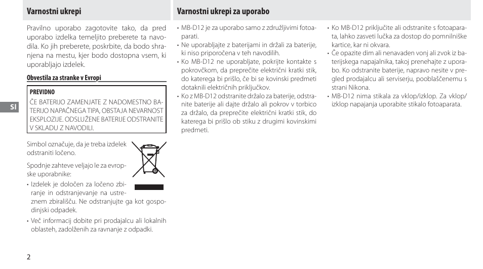 Varnostni ukrepi, Obvestila za stranke v evropi, Varnostni ukrepi za uporabo | Nikon MB-D12 User Manual | Page 176 / 244
