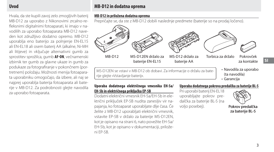 Uvod, Mb-d12 in dodatna oprema, Mb-d12 in priložena dodatna oprema | Uvod mb-d12 in dodatna oprema | Nikon MB-D12 User Manual | Page 177 / 244