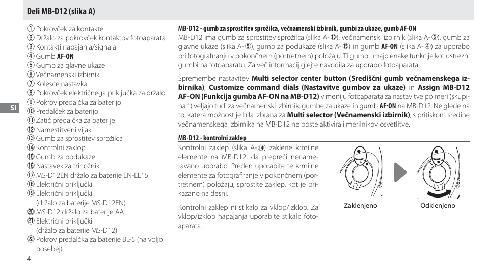 Deli mb-d12, Mb-d12 - kontrolni zaklep, Deli mb-d12 (slika a) | Nikon MB-D12 User Manual | Page 178 / 244