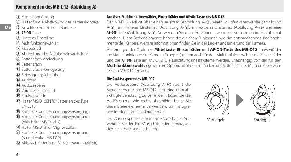 Komponenten des mb-d12, Die auslösesperre des mb-d12, Komponenten des mb-d12 (abbildung a) | Nikon MB-D12 User Manual | Page 18 / 244