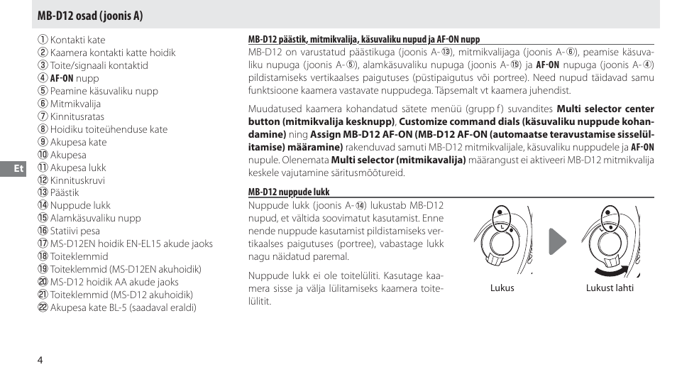 Mb-d12 osad, Mb-d12 nuppude lukk, Mb-d12 osad (joonis a) | Nikon MB-D12 User Manual | Page 188 / 244