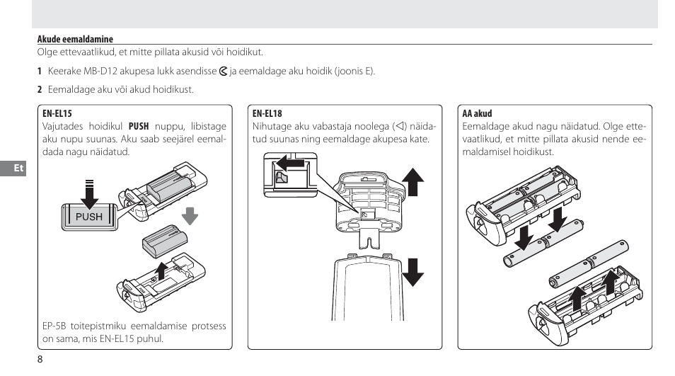 Akude eemaldamine | Nikon MB-D12 User Manual | Page 192 / 244