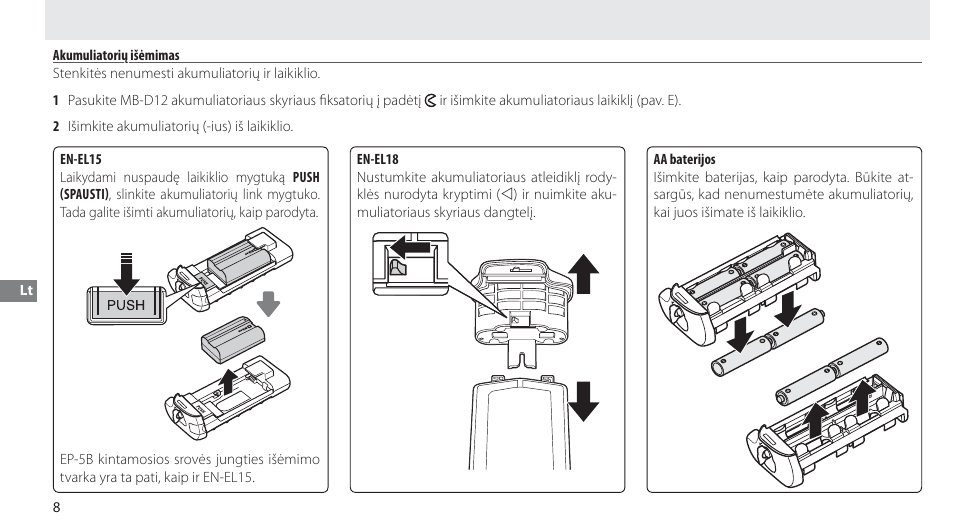 Akumuliatorių išėmimas | Nikon MB-D12 User Manual | Page 212 / 244