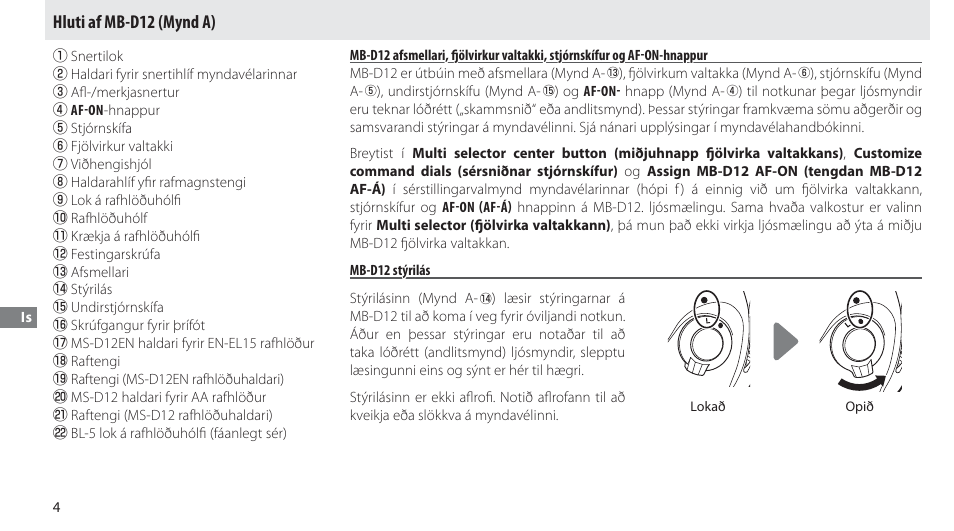 Hluti af mb-d12, Mb-d12 stýrilás, Hluti af mb-d12 (mynd a) | Nikon MB-D12 User Manual | Page 218 / 244