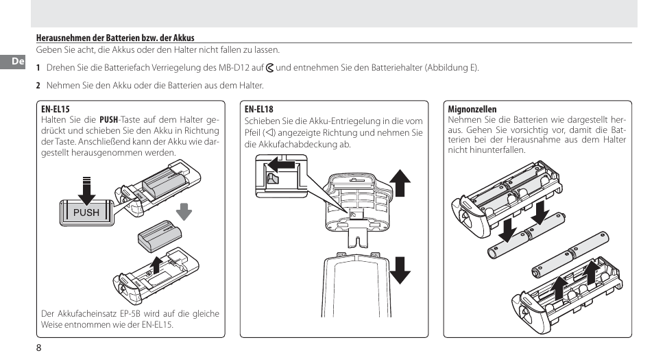 Herausnehmen der batterien bzw. der akkus | Nikon MB-D12 User Manual | Page 22 / 244