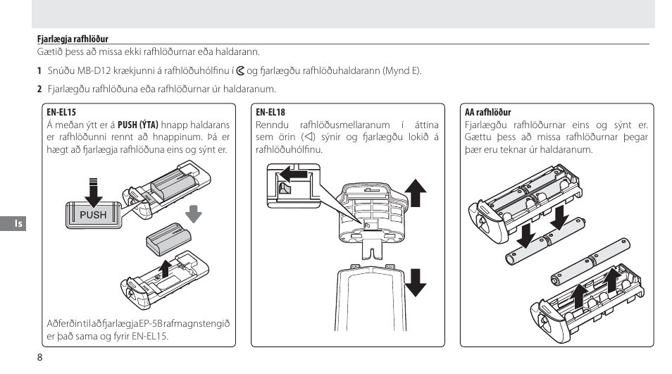 Fjarlægja rafhlöður | Nikon MB-D12 User Manual | Page 222 / 244