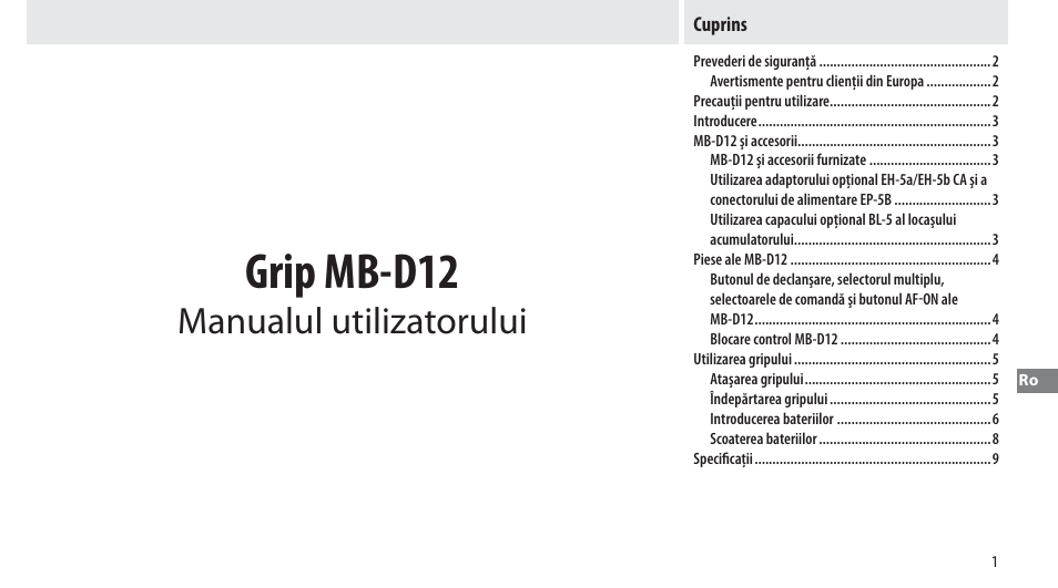 Cuprins, Grip mb-d12, Manualul utilizatorului | Nikon MB-D12 User Manual | Page 225 / 244