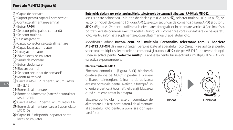 Piese ale mb-d12, Blocare control mb-d12, Piese ale mb-d12 (figura a) | Nikon MB-D12 User Manual | Page 228 / 244