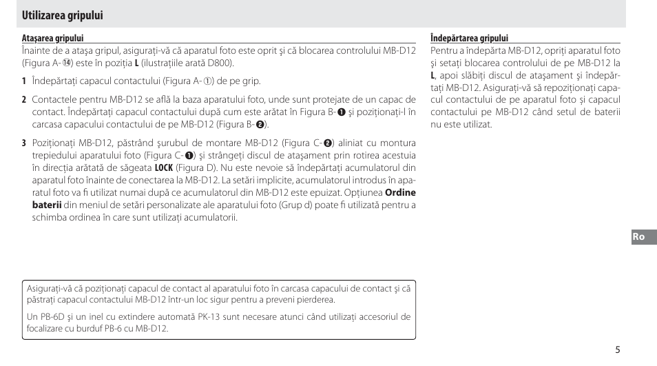 Utilizarea gripului, Ataşarea gripului, Îndepărtarea gripului | Nikon MB-D12 User Manual | Page 229 / 244